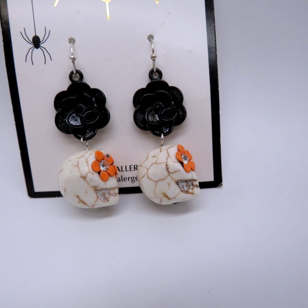 Day of the Dead Sugar Skull Drop Earrings Black‎ Rose Orange Flower Halloween